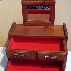 Vintage Antique Dresser Style Wood Jewelry Box & Mirror